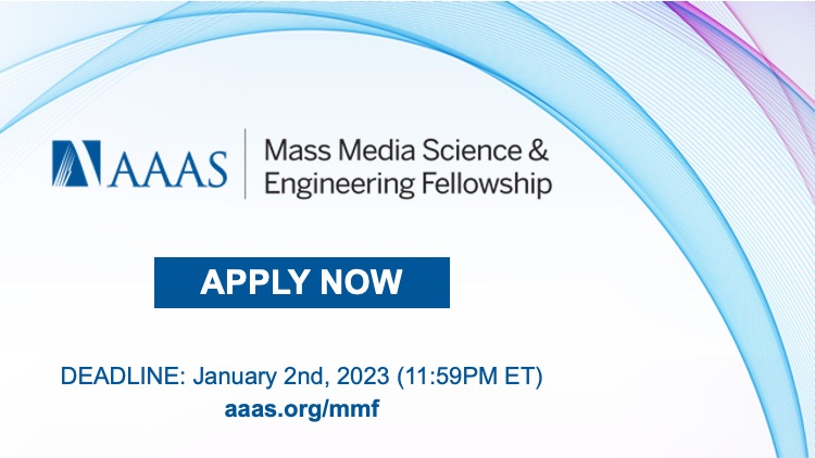 Are you looking to jumpstart your career in science journalism and #scicomm? Applications for the 2023 Mass Media Fellowship are now open! Join the 800+ alumni of this program and use your science background to write science news across the country! aaas.org/fellowships/ma…