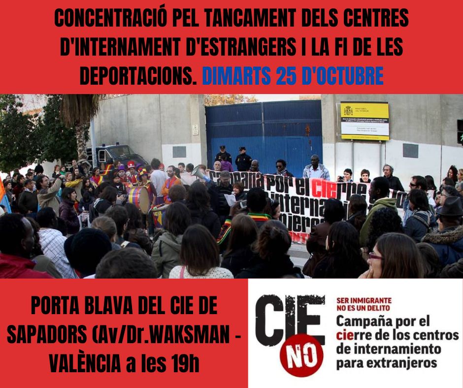 Como cada último martes de mes en #Valencia nos concentramos a las 19hs. para pedir el #CIErre de los #CIEs y el fin de las deportaciones! 
#NingunSerHumanoEsIlegal <a href="/ionebelarra/">Ione Belarra</a>
<a href="/RitaBosaho/">Rita Bosaho</a> <a href="/joanbaldovi/">Joan Baldoví ;)</a> <a href="/irenegomezsanto/">Irene Gómez Santos</a> <a href="/CEAR_PV/">CEAR País Valencià</a> @isalozanovlc <a href="/sjm_vlc/">SJM Valencia-Servicio Jesuita a Migrantes Valencia</a> <a href="/MesaMigrants/">Mesa Solidaritat CV</a> <a href="/CIEsNoMadrid/">CIEs No Madrid</a>