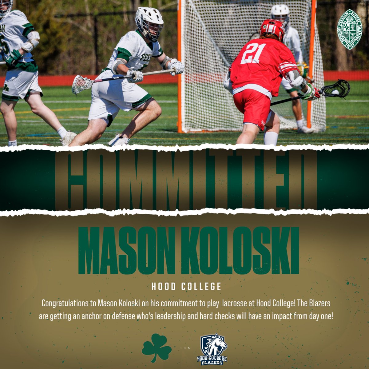 FeehanAthletics's tweet photo. Congratulations to Mason Koloski on his commitment to play lacrosse at Hood College! The blazers are getting a steadfast defender who will have an impact on day one! #GoShamrocks @Feehan_BLax @BishopFeehanHS https://t.co/K0RP2WWDpy