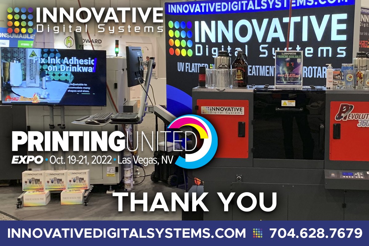 digital_ids's tweet photo. A big thank you to everyone who visited us at #PRINTINGUnited last week. We enjoyed discussing UV rotary and flatbed print applications with all of you. Sample kits for those that requested them will be sent this week. https://t.co/sUYpiEOp1e #drinkwareprinter #UVflatbedprinter https://t.co/CRIA1wOURC