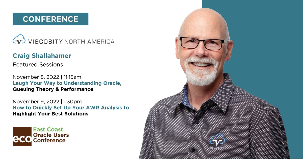 ViscosityNA's tweet image. Craig Shallahamer is presenting 2 sessions at @EastCoastOracle&apos;s #ECO22! Get into the basics of performance analysis &amp;amp; architecture design in his session on Day 2 and dive into diagnostics on Day 3.

Time is running out for registration! bit.ly/3DixVOk
#vna22 #OraPub