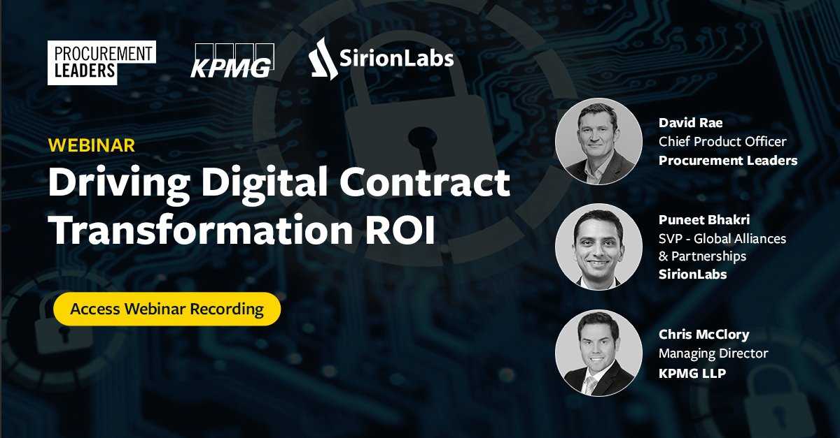 SirionCLM's tweet photo. How can CLM technology significantly increase your chances for Digital Transformation (DX) success? Access the ON-DEMAND WEBINAR https://t.co/7792rNi0ym featuring experts from @KPMG @ProcurementLDRS and @SirionLabs to get your DX ROI-strategy right.
#webinar #dx #clm https://t.co/USf8QkT7wb