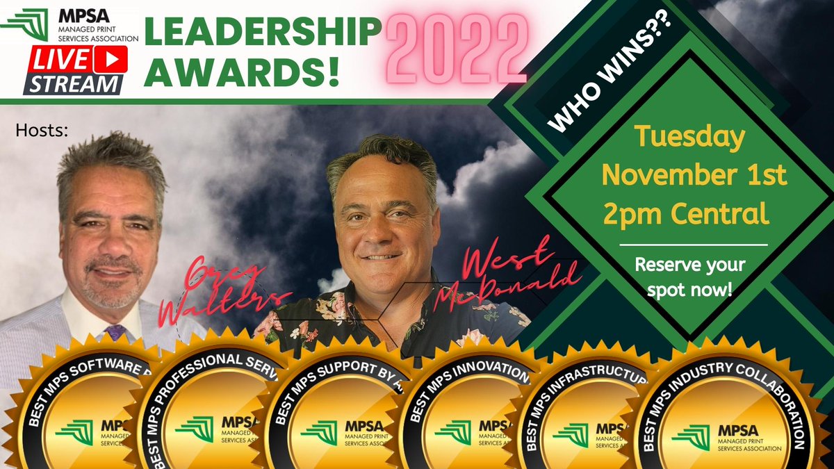 Only 1 week left until we learn the winners of the 2022 Managed Print Services Association Leadership Awards! Don't miss out and RSVP today!

RSVP:lnkd.in/dqbyppe8

#leadership #managedprintservices #mps