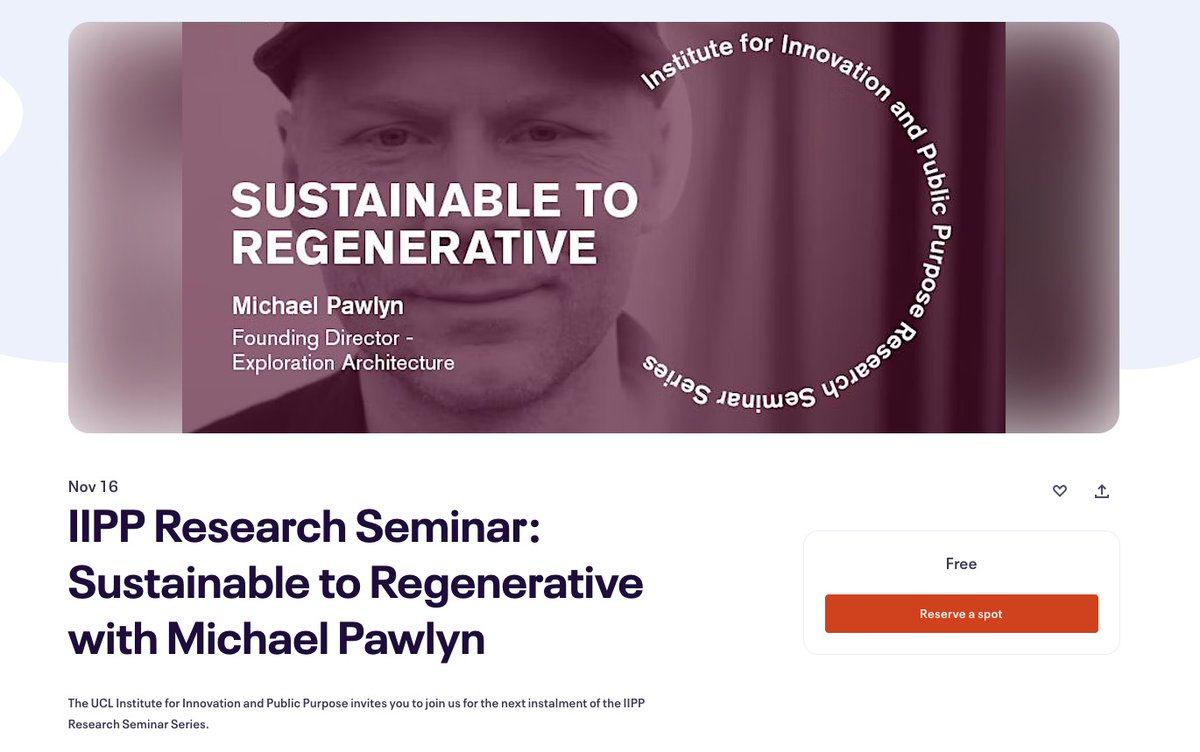 If I could be in London on 16 November I'd definitely be heading to this - @MichaelPawlyn @IIPP_UCL on getting beyond 'sustainability' to Regenerative Design. Now there's one not to miss... eventbrite.com/e/iipp-researc…