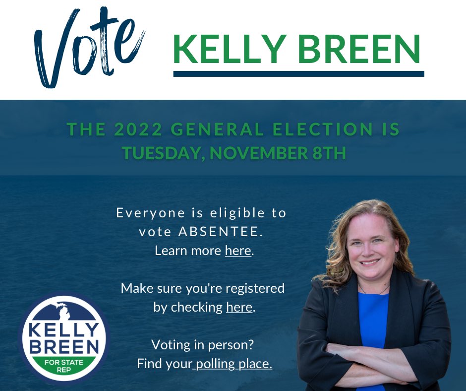 KellyBreenMI's tweet photo. November 8 is approaching quickly! Have you returned your absentee ballot or made a plan to vote? Visit https://t.co/xYYjq9yplS to check your voter registration, find your polling place, or get more information about absentee voting! #teambreen #believeinmichigan https://t.co/Mp6SHqaauE