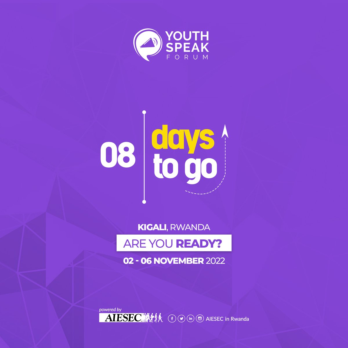 @AIESECRWANDA  will host in a few days in Kigali, the Youth speak forum Africa 2022 which will gather more than 500 participants.

#YSF2022 #ShapeTheFuture #YouthSpeakForum   #AIESECinRwanda