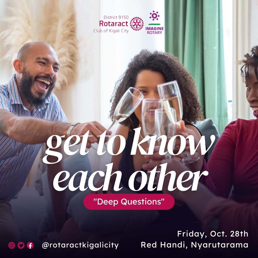 RCkigalicity's tweet photo. Wanna get to know Alice, Elie, Halima, Yego, and so many others?🤔

Well, let's get to know each other deeply this coming Friday at Red Handi Restaurant, Nyarutarama. 🥳

Lots of fun questions await you!😀

Invite a friend and Save the Date!🤩

#rotaract #rckc #rotaract250 https://t.co/Ga1T1UHXGe