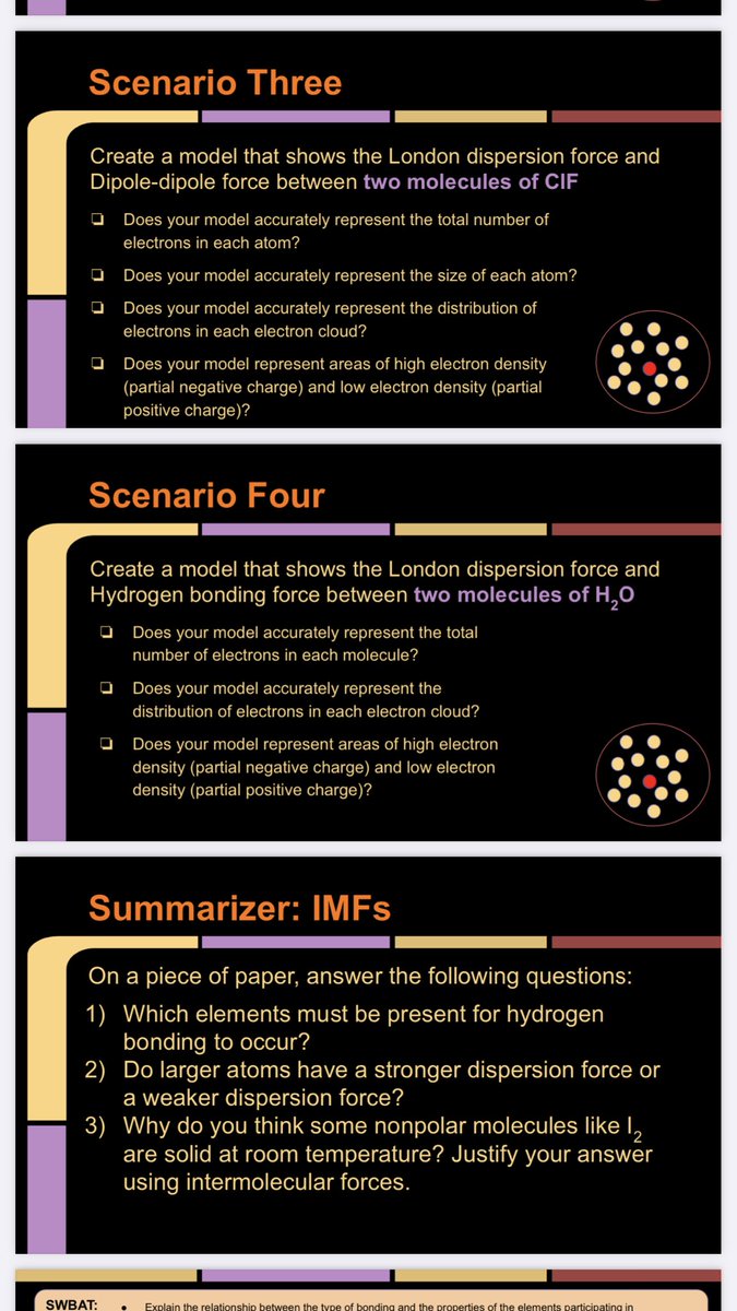 DorsCHEM's tweet photo. Here are the scenarios I used to start. Experts stayed behind at the tables and had to explain their models. When we shared “I Notice, I Wonder” statements, students were able to revise their models. They noted consistencies and inconsistencies between groups. #ChemEd #APChem https://t.co/wkZceIpnYt