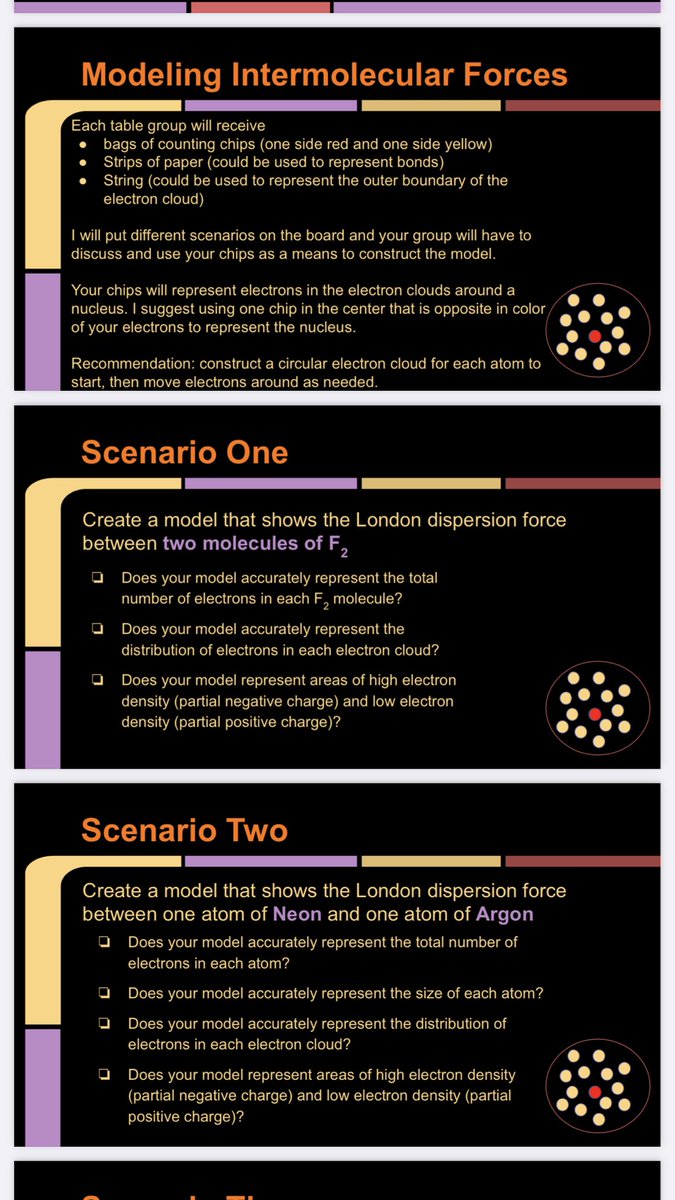 DorsCHEM's tweet photo. Here are the scenarios I used to start. Experts stayed behind at the tables and had to explain their models. When we shared “I Notice, I Wonder” statements, students were able to revise their models. They noted consistencies and inconsistencies between groups. #ChemEd #APChem https://t.co/wkZceIpnYt