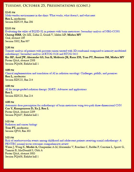 Dr. Yufeng Cao moderated “Imaging for response assessment” 10/25 at 8:00 am at #ASTRO22 #medphys @leiren2022. Check out today’s schedule & full presentation list: medschool.umaryland.edu/radonc/Present…