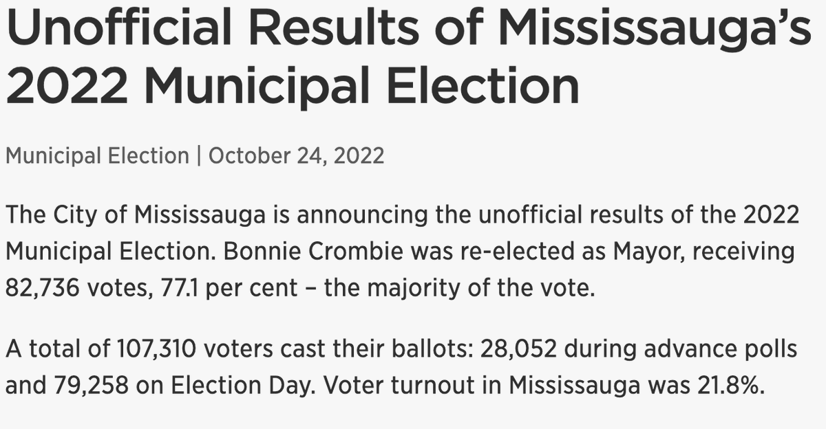 steve_cornwell's tweet photo. woof, 21.8% turnout in the #Mississauga elections is not great. Turnout hasn't been that low since around 20 years ago, the 2003 election. https://t.co/I2rmJ1ltp7