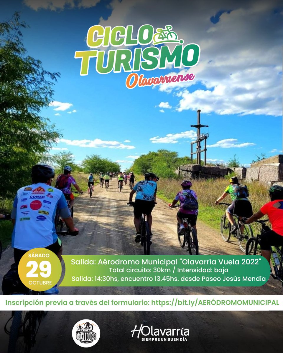 🚵‍♂️ ¡Este finde conocé de una manera diferente los atractivos turísticos del Partido de Olavarría! Disfrutá el Turismo sobre ruedas
Inscripción 👉bit.ly/AERÓDROMOMUNIC…