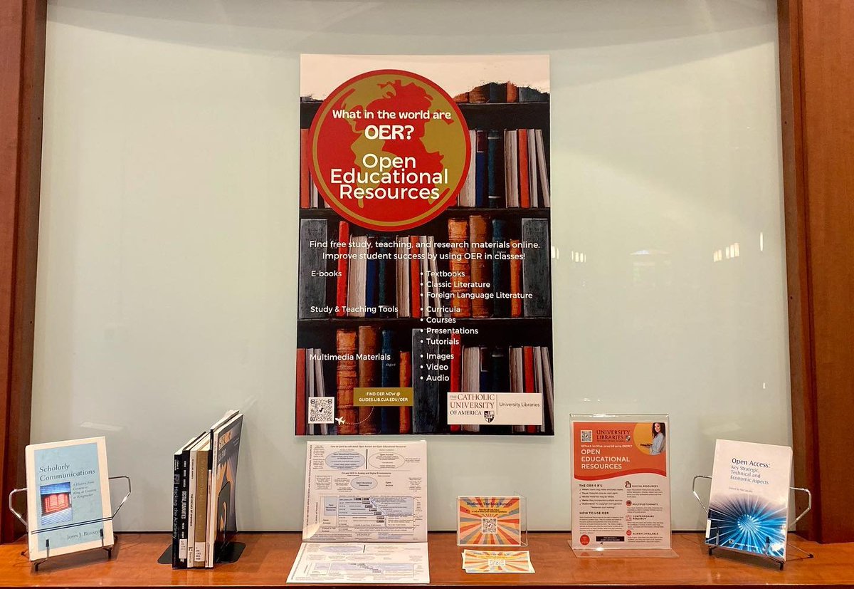 CUAlibraries's tweet image. Be sure to check out our new display on open educational resources in front of the Mullen Library computer lab 🖥️ All students are encouraged to take our student textbook survey by scanning the QR code on the small handout in front of the display📚
#mullenlibrary #catholicu #oer