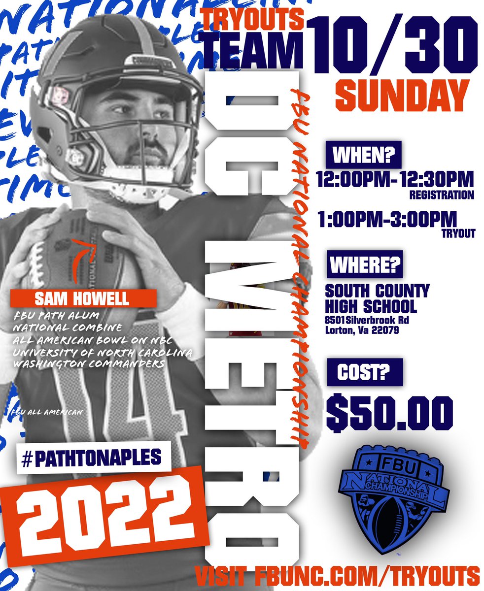 DC WHAT’S GOOD? 🏈 Attention all DC area ballers!! The 2022 #PathToNaples has begun! FBUNC Team DC Metro is holding tryouts for this years elite squad 🌴 Visit the link ✅ FBUNC.com/tryouts #FBUNC