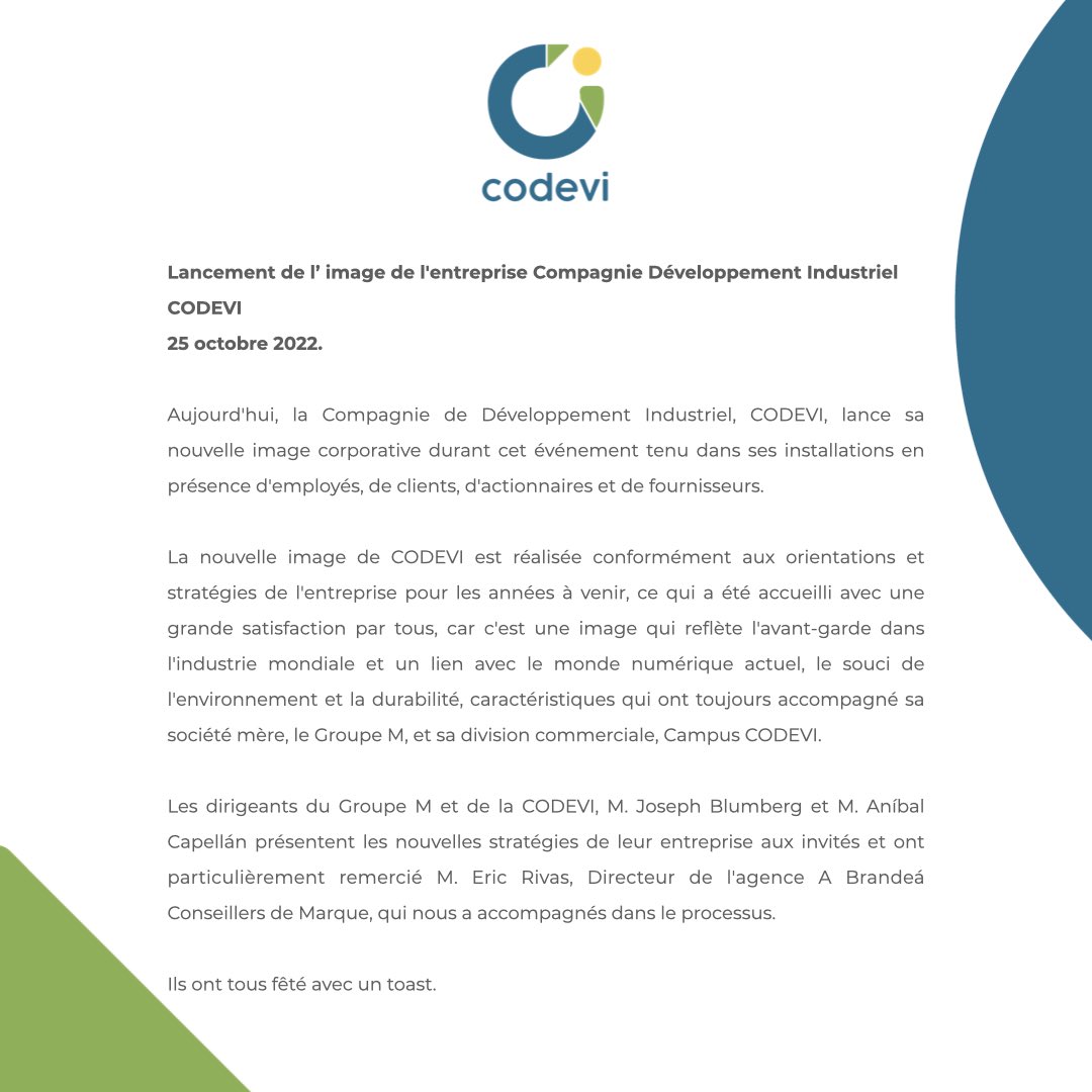 codevi_campus's tweet photo. Aujourd'hui, CODEVI lance sa nouvelle image corporative en présence d'employés, de clients, d'actionnaires et de fournisseurs.
-
Today, CODEVI launched its new corporate image with the presence of employees, customers, shareholders and suppliers.
#CODEVI #CreateursdeValeur https://t.co/AQKN0zIEaM