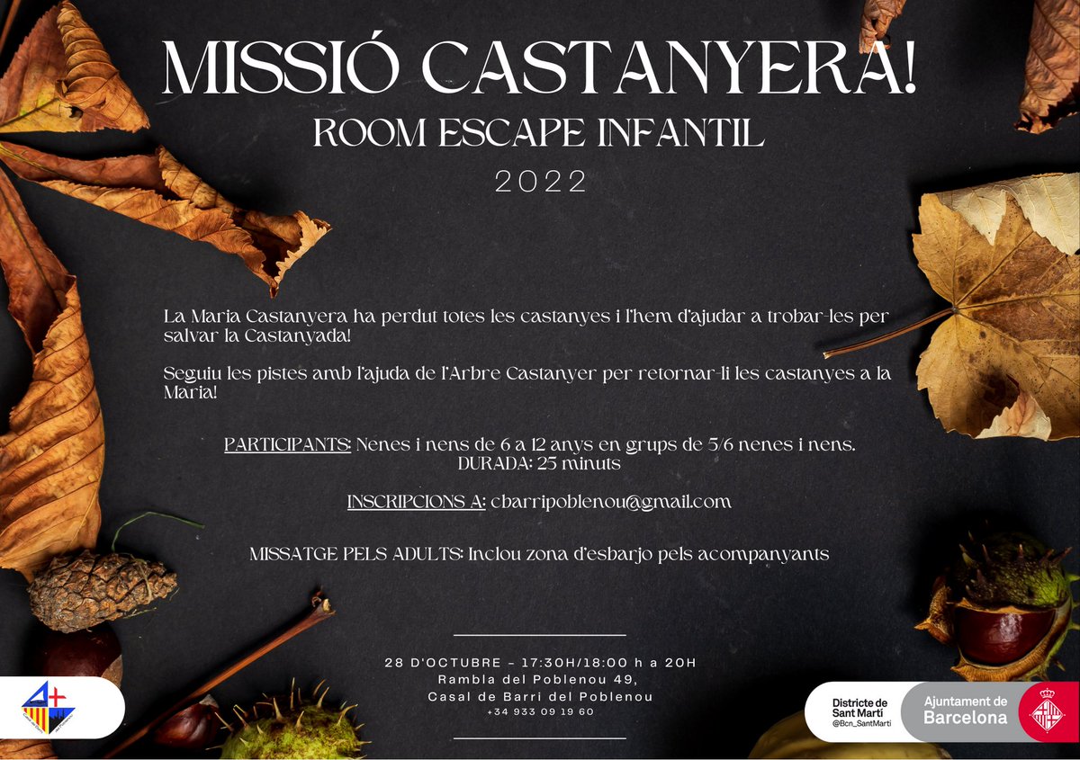 cbarripoblenou's tweet photo. Vine aquest divendres 28 a l'estrena del primer escape room del casal! 🌰🍂

Gaudeix amb nosaltres la tarda de la castanyada plena d'emocions. 👻🪅

#castanyada #escaperoom #casal #poblenou https://t.co/W9PlQmu79R