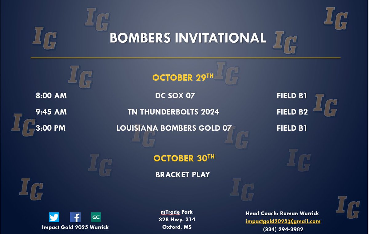 Impact Gold Premier 2025 Warrick (@impactgoldro) on Twitter photo 🚨Schedule for this weekend🚨 We head to Oxford, MS for <a href="/TKNIGHT11/">MS Bombers Fastpitch</a> invite! #championvibesonly #betheimpact #SEI2022 🚨Schedule for this weekend🚨 We head to Oxford, MS for <a href="/TKNIGHT11/">MS Bombers Fastpitch</a> invite! #championvibesonly #betheimpact #SEI2022