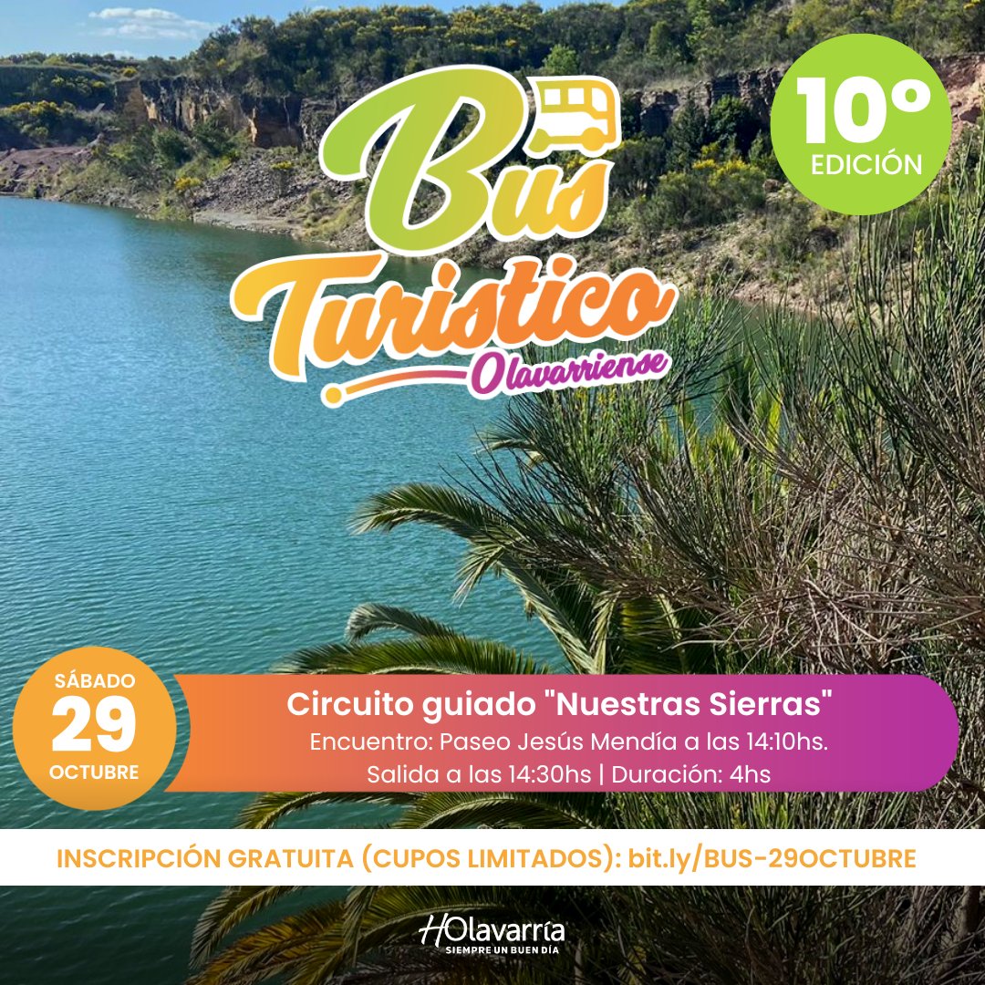🚍 Próxima edición del Bus Turístico Olavarriense ✨ inscripciones 👉 Miércoles 26 de Octubre a las 10:00hs ingresando a   bit.ly/BUS-29OCTUBRE