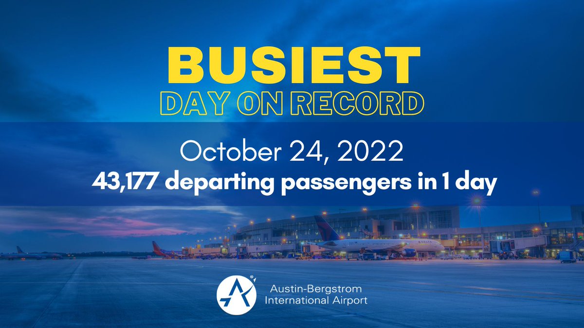 AustinAirport's tweet photo. Smashing records hand-in-hand with Department of Aviation staff, our TSA, airline, concession &amp; other partners, and our amazing passengers. Thanks for making AUS history with us yesterday 👏 https://t.co/VuFsOyU8rs