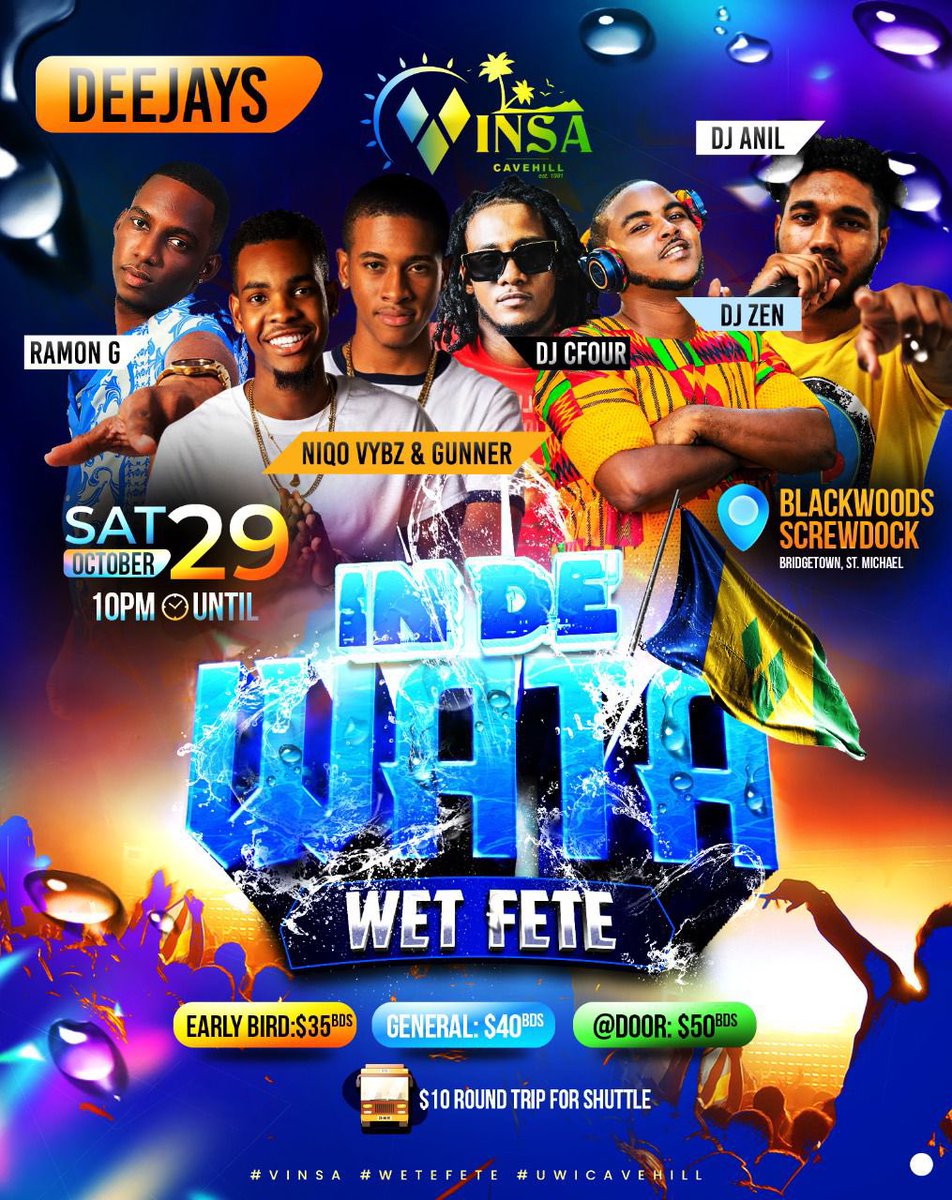 Tell dem we dey pon it!! 🤯🔥 Introducing the baddest deejays for de baddest fete of d semester! From 🇦🇬—-> 🇻🇨—-> 🇱🇨—-> 🇧🇧. We come in d party and doing it wetta dan dem in d Wet Fete. Don’t be like Isaac Hunte and miss d party! 🥴🗣📣🔥