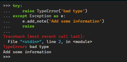 marktenenholtz's tweet image. 4. Added notes on exceptions
Sometimes, when you're catching an error, it's helpful to leave an extra note to the user as to exactly *why* the error was raised. Many libraries (like Keras) spend a lot of time trying to enhance this.
Well, the .add_note() method now allows this!