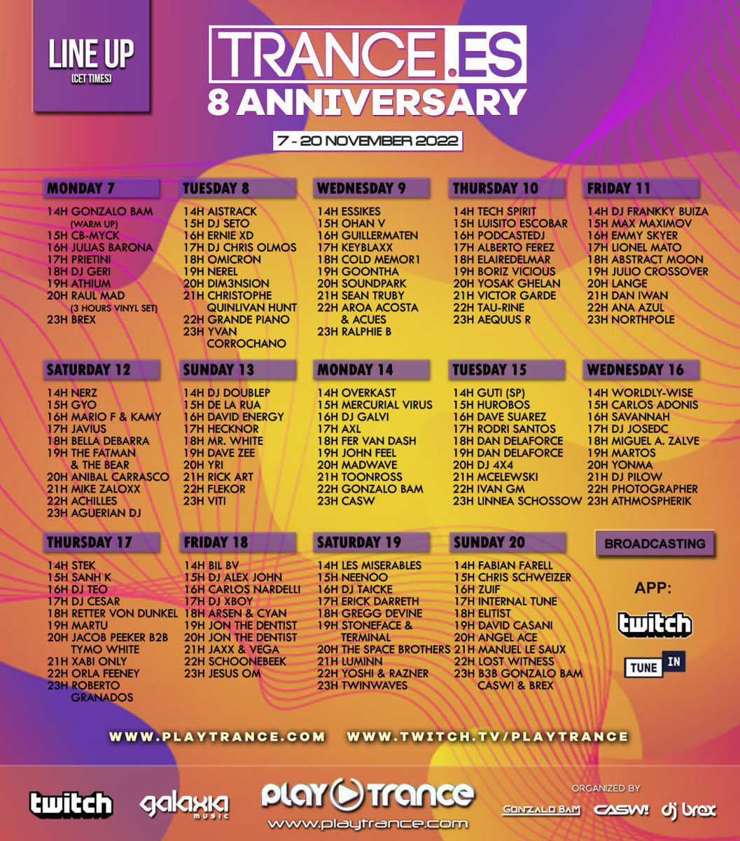 💣 BOOM 💣 

Horarios del Octavo Aniversario de Trance.es que tendrá lugar del 7 al 20 de Noviembre en PlayTrance Radio 😎

🚨 Disfruta de más de un centenar de artistas con nombres como Lange, Ralphie B, Madwave, Sean Truby, Photographer y muchos más! 🎶