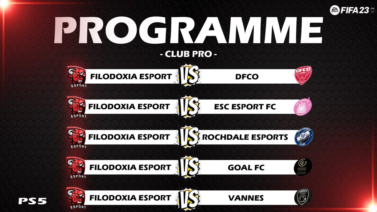 📆 Mardi 25 octobre 

Un beau programme avec 5 rendez-vous ce soir face à de très belles équipes attendent nos guerriers en <a href="/VPGFrance_/">VPG France</a> <a href="/belgique_vpg/">VPG BELGIQUE 🇧🇪</a> <a href="/VPGEurope/">Virtual Pro Gaming | Europe</a> !

Bon match à tous !🔥

<a href="/DFCO_Esport/">Dijon FCO Esport</a> <a href="/ESCeSportFC/">ESC eSport FC</a> @RAFC_eSports <a href="/Goal_fc_Esport/">Goal FC eSport</a> <a href="/eSport_VOC/">VOC eSport</a>