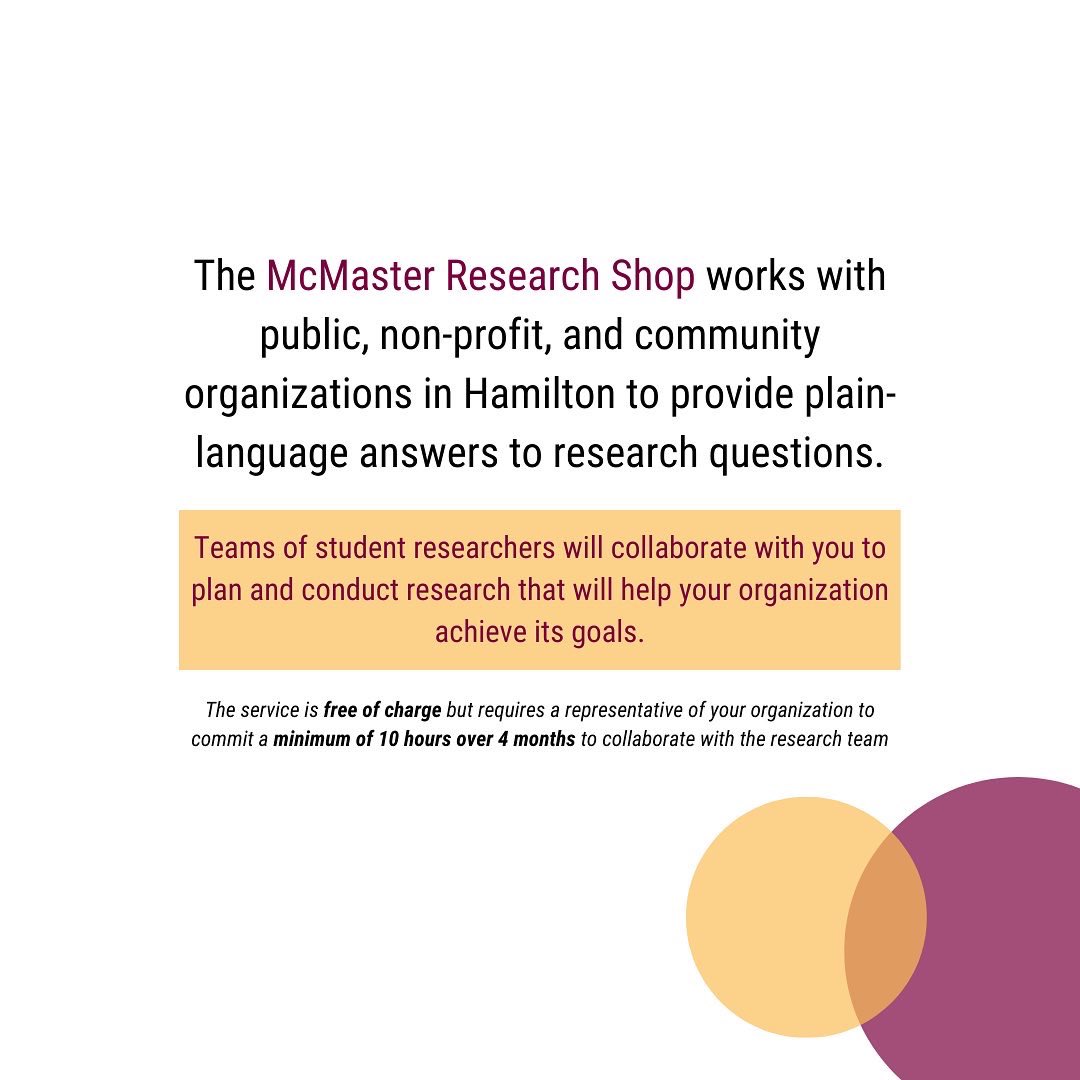 McMasterOCE's tweet photo. Are you a community organization in #HamOnt who needs support with research needs to support your programs, advocacy efforts, &amp; more? Research Shop is here to help! 

The call for Winter 2023 projects is now open! Learn more &amp; apply: https://t.co/UWnFtjN0n7 https://t.co/apuZvV4Lcf