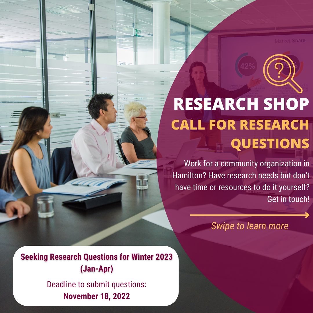 McMasterOCE's tweet photo. Are you a community organization in #HamOnt who needs support with research needs to support your programs, advocacy efforts, &amp; more? Research Shop is here to help! 

The call for Winter 2023 projects is now open! Learn more &amp; apply: https://t.co/UWnFtjN0n7 https://t.co/apuZvV4Lcf