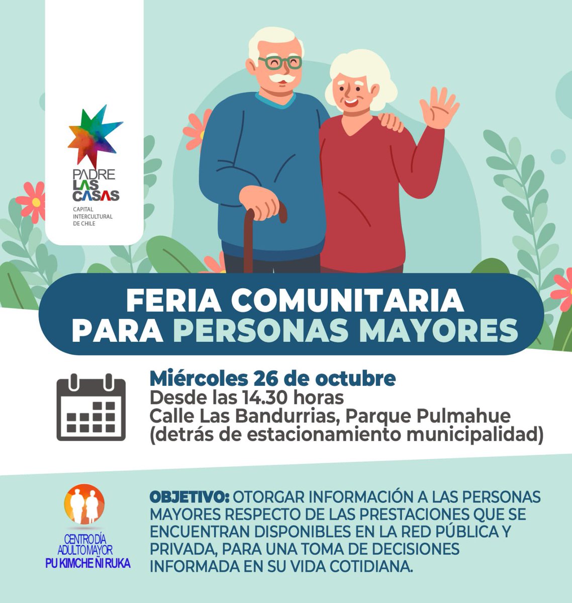 Los invitamos a participar de una feria comunitaria para #adultosmayores este miércoles 26/10 desde las 14.30 en calle las bandurrias. En la oportunidad podrán conocer las prestaciones que se encuentran disponibles en la red pública y privada para nuestros adultos mayores 👵👴