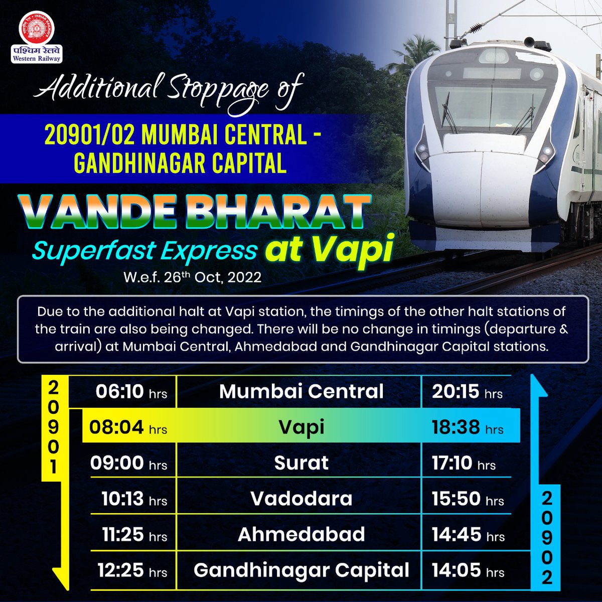 vapi to mumbai For the convenience of passengers, an additional stoppage is being provided  at Vapi station to Train No. 20901/02 Mumbai Central – Gandhinagar Capital  Vande Bharat Express w.e.f. 26/10/22