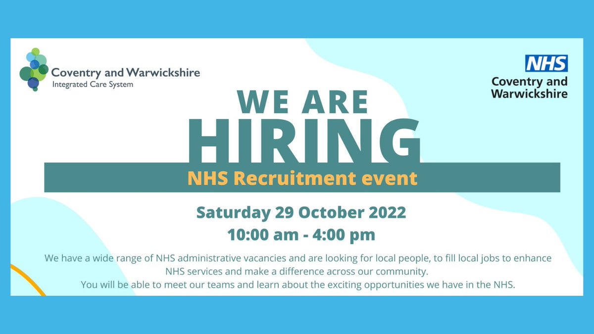Want to work in the #NHS? Join us this Saturday to meet our teams and learn about the exciting opportunities on offer.

There are a wide range of administrative vacancies available across Coventry and Warwickshire.

#NHSjobs #recruitment

More details ⬇️
facebook.com/NHSUHCW/photos…