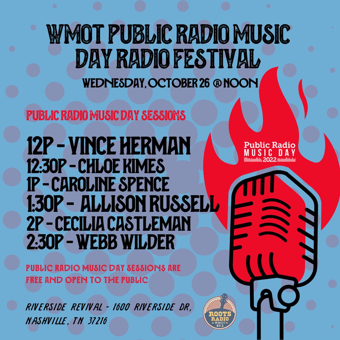 WMOT/Roots Radio (@wmot_rootsradio) on Twitter photo Don't Forget! Tomorrow, at noon CST, we kick off our WMOT PUBLIC RADIO DAY RADIO FESTIVAL!
Come to River Side Revival for this FREE PERFORMANCE from <a href="/herman_vince/">vince herman</a> <a href="/ChloeKimes/">Chloe Kimes</a> <a href="/carolinespence_/">Caroline Spence</a> <a href="/outsidechild13/">Allison Russell</a> <a href="/ceciliacastl/">Cecilia Castleman</a>, and @webbwilder!
OR Listen on WMOT! Don't Forget! Tomorrow, at noon CST, we kick off our WMOT PUBLIC RADIO DAY RADIO FESTIVAL!
Come to River Side Revival for this FREE PERFORMANCE from <a href="/herman_vince/">vince herman</a> <a href="/ChloeKimes/">Chloe Kimes</a> <a href="/carolinespence_/">Caroline Spence</a> <a href="/outsidechild13/">Allison Russell</a> <a href="/ceciliacastl/">Cecilia Castleman</a>, and @webbwilder!
OR Listen on WMOT!