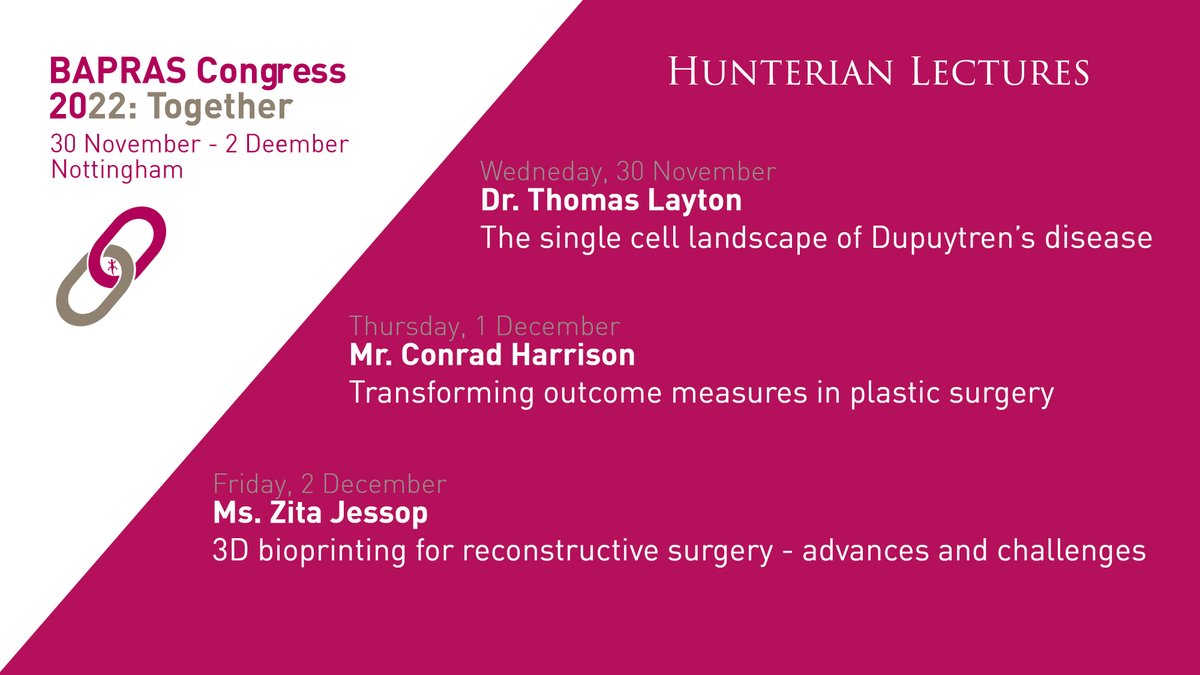 Have you secured your place at BAPRAS Congress 2022? 
Among the many sessions we have planned for you, during each of the three days of the event, we will be hosting Hunterian Lectures. 
Find out more about the programme and register soon: bapras.org.uk/professionals/…
