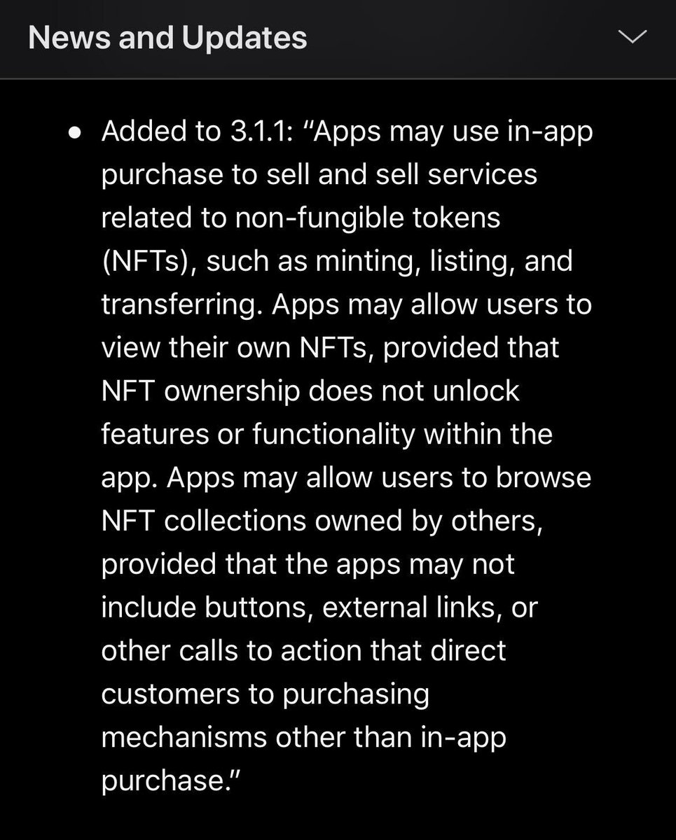 nowmedia's tweet photo. Apple has released new rules for crypto apps (with a focus on web3 games).

Here’s the TL;DR:

-Games can enable NFT buying
-In-app purchases only
-No unlocking features with NFTs

This essentially means everything stays in the Apple ecosystem.

What’s your take? https://t.co/ki7BMHW3MS