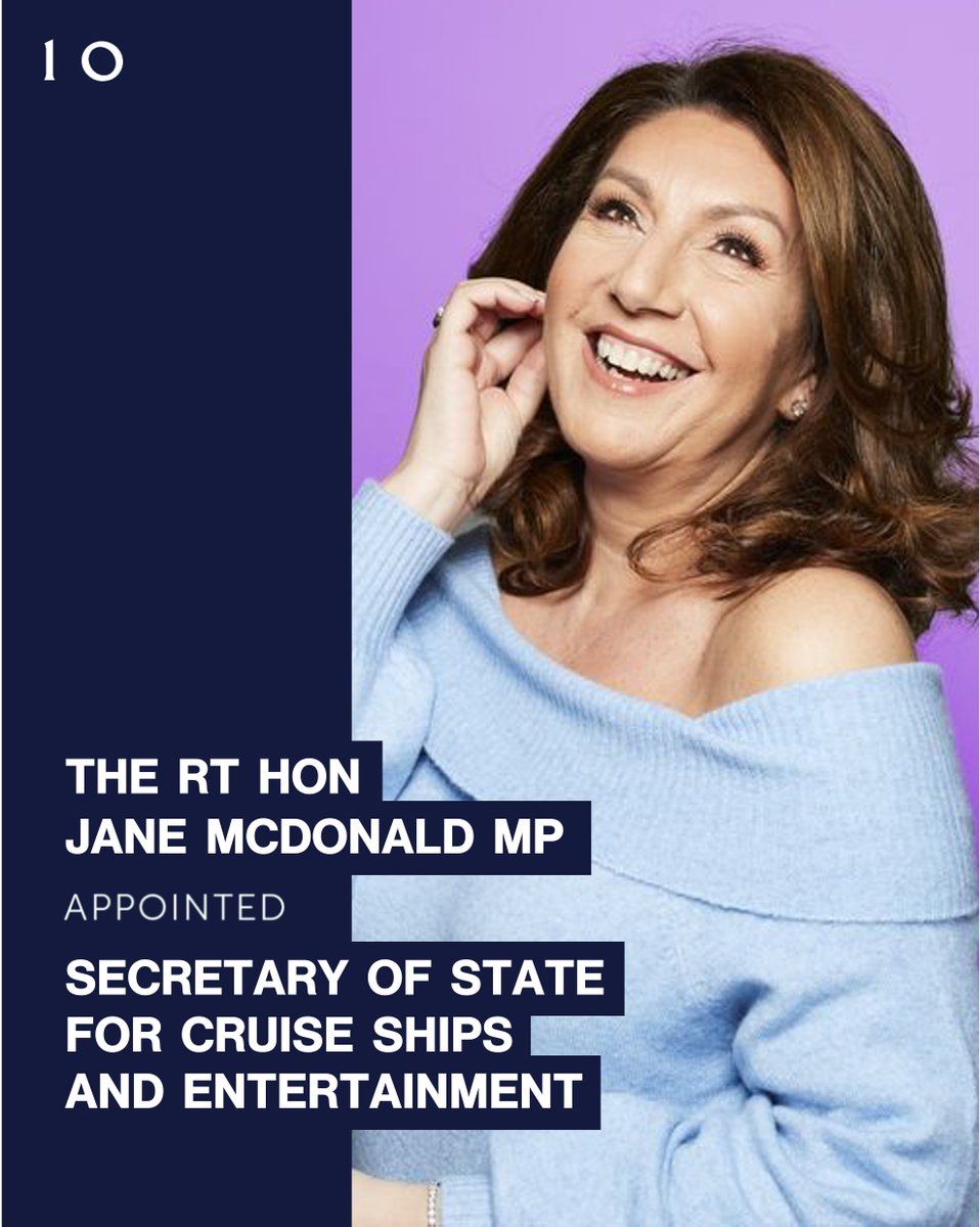 The Rt Hon Jane McDonald MP has been appointed Secretary of State for Cruise Ships and Entertainment. 

#Reshuffle