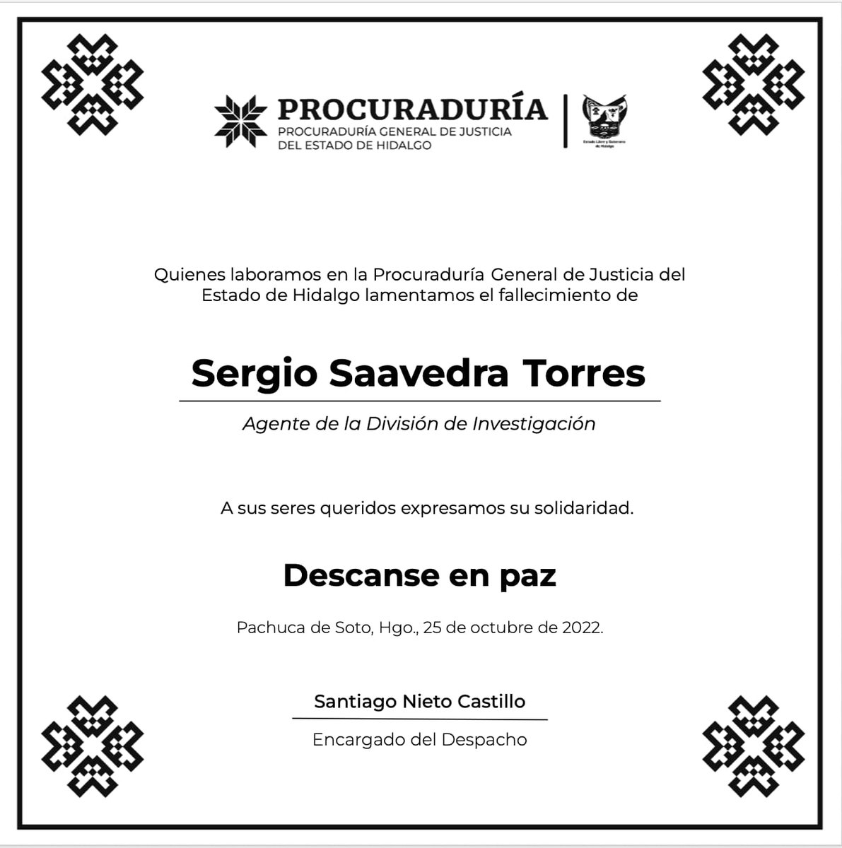 SNietoCastillo's tweet photo. Me entristece el fallecimiento de nuestro compañero agente de la División de Investigación Sergio Saavedra Torres, agredido por un grupo de personas en Santa María Asunción, Tulancingo de Bravo, en cumplimiento del deber. https://t.co/i6h73FUCxS