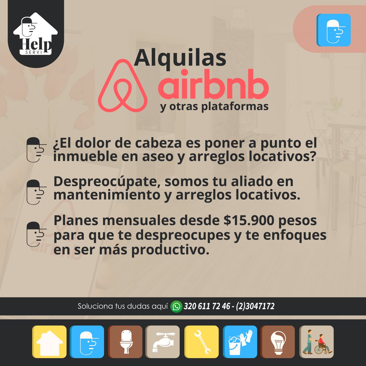 Alquilas, arriendas, administras propiedad raíz,  trabajas con Airbnb. Te brindamos servicios y soluciones eficientes en mantenimiento, reparaciones, aseo y todo tipo de reformas locativas. Airbnb #travel  #alquilercasas #aseohogar #reparaciones #reparacionesdelhogar