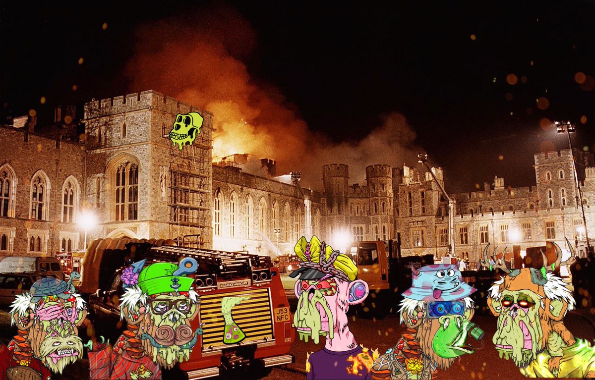 TheCPTDavid's tweet photo. Checking in on our #TribeUp #ToonzDay adventure! @BoredApeYC, @Mutant_Mal, and the other #MAYC/ #BAYC members are focused on fighting the fire while our @DegenToonz @TribeQuokka kids are traveling towards something spectacular! #NFTCommunity #web3 #nft #degen #TRIBE https://t.co/qAe75BLlGZ