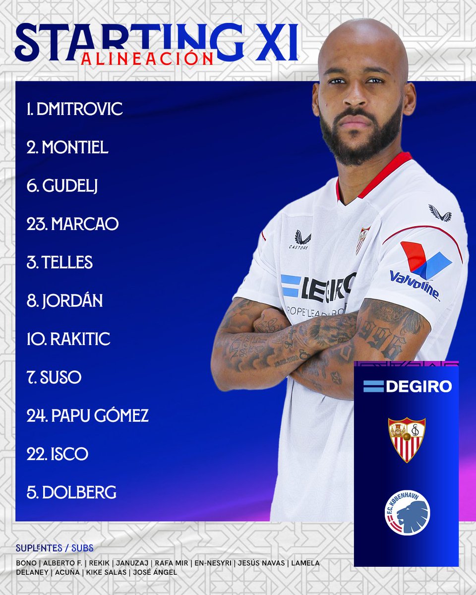 🚨 XI #UCL ⤵

Dmitrovic - Montiel, Gudelj, Marcao, Telles - Jordán, Rakitic, Suso, Papu Gómez, Isco - Dolberg

#WeareSevilla #NuncaTeRindas