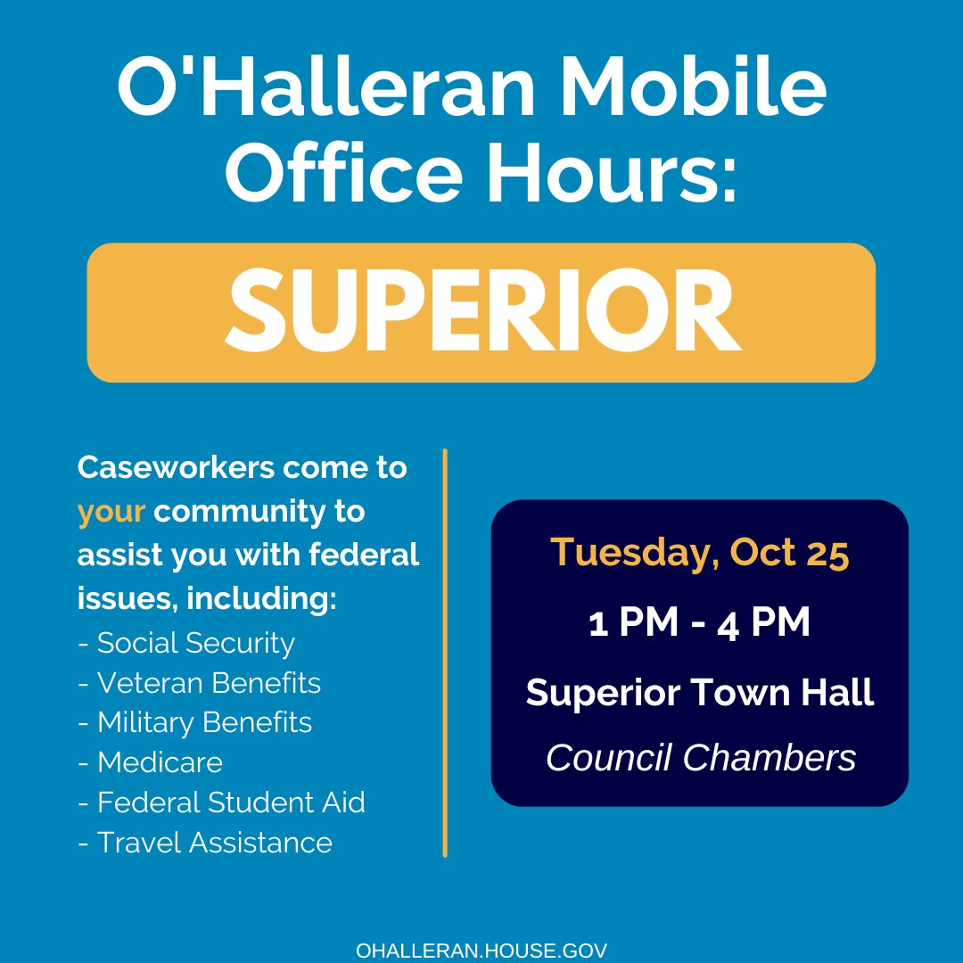 KEARNY & SUPERIOR: My staff is holding mobile office hours in your community today! If you need assistance with Social Security, Medicare, or another federal agency or program, stop by to meet with a caseworker on my team. Details below: