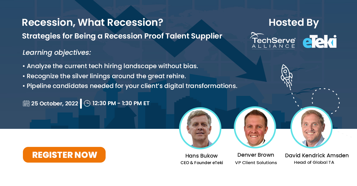 eTeki_Inc's tweet photo. Learn how to recession-proof your talent supply in this webinar hosted by TechServe Alliance &amp; eTeki. Coming up in one hour, register for the webinar and replay at this link: https://t.co/guKNkaDPgz https://t.co/621zFtxQZ1