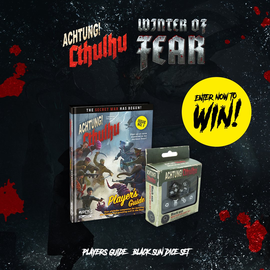 ‼️ Weekly Giveaway ‼️

This week we will be giving away a copy of the Achtung! Cthulhu Players Handbook and a set of Black Sun Dice!

💥Winter of Fear💥
see thread for rules 🧵 

🎉Good Luck 🎉

#ttrpg #achtungcthulhu #giveaway