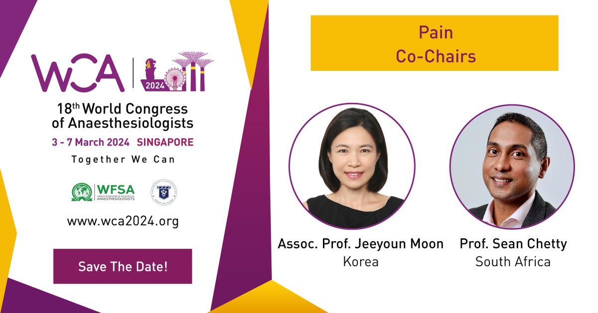 👉 Proudly presenting the Pain track co-chairs! Find out more: wca2024.org/jdpx @seanC001 #anaesthesiology #PerioperativeMedicine #IntensiveCare #WCA2024