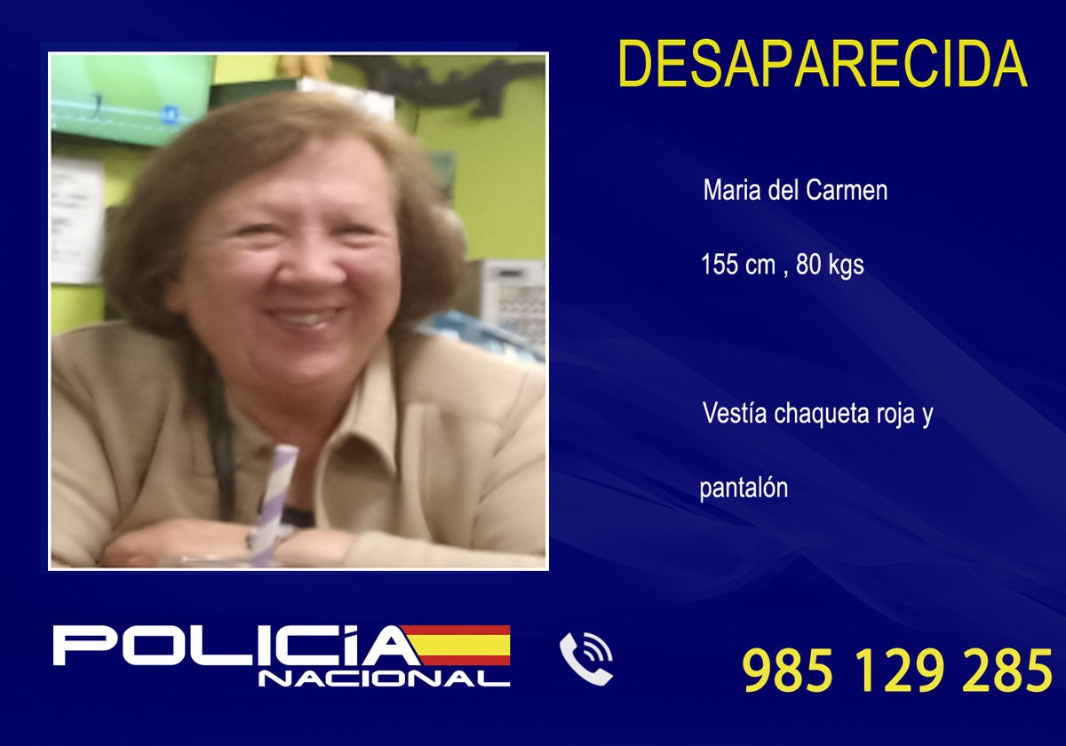 policia's tweet photo. ⚠️DESAPARECIDA⚠️

Mª del Carmen desapareció el 19 de octubre en #Avilés (#Asturias) 

👉Tiene 72 años, mide 1,55 m. y pesa 80 kg. 

Si tienes cualquier información 📲: 985129285 o 689815813

🔁Con tu RT ayudas a encontrarla🔁 https://t.co/iRJOG4hrcE