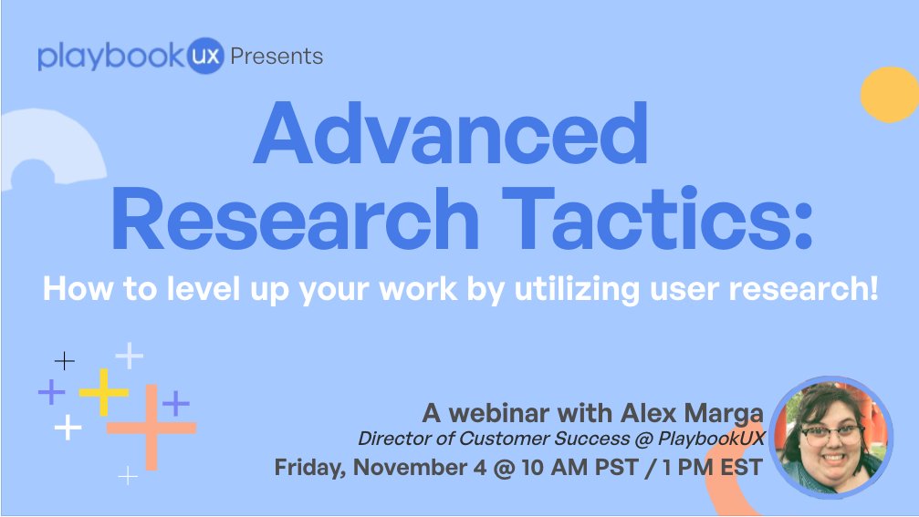 Upcoming webinar on“Advanced Research Tactics,” focused on leveling up your work with user research, both inside and outside the world of UX and design! 

Sign up here: vimeo.com/webinars/event…

#uxresearch