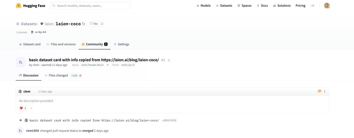 So cool to get my pull requests merged on HF. I'm using the collaborative features of the hub more and more, so powerful! Who's opening conversations & pull requests on HF this week? huggingface.co/datasets/laion… huggingface.co/spaces/runwaym…