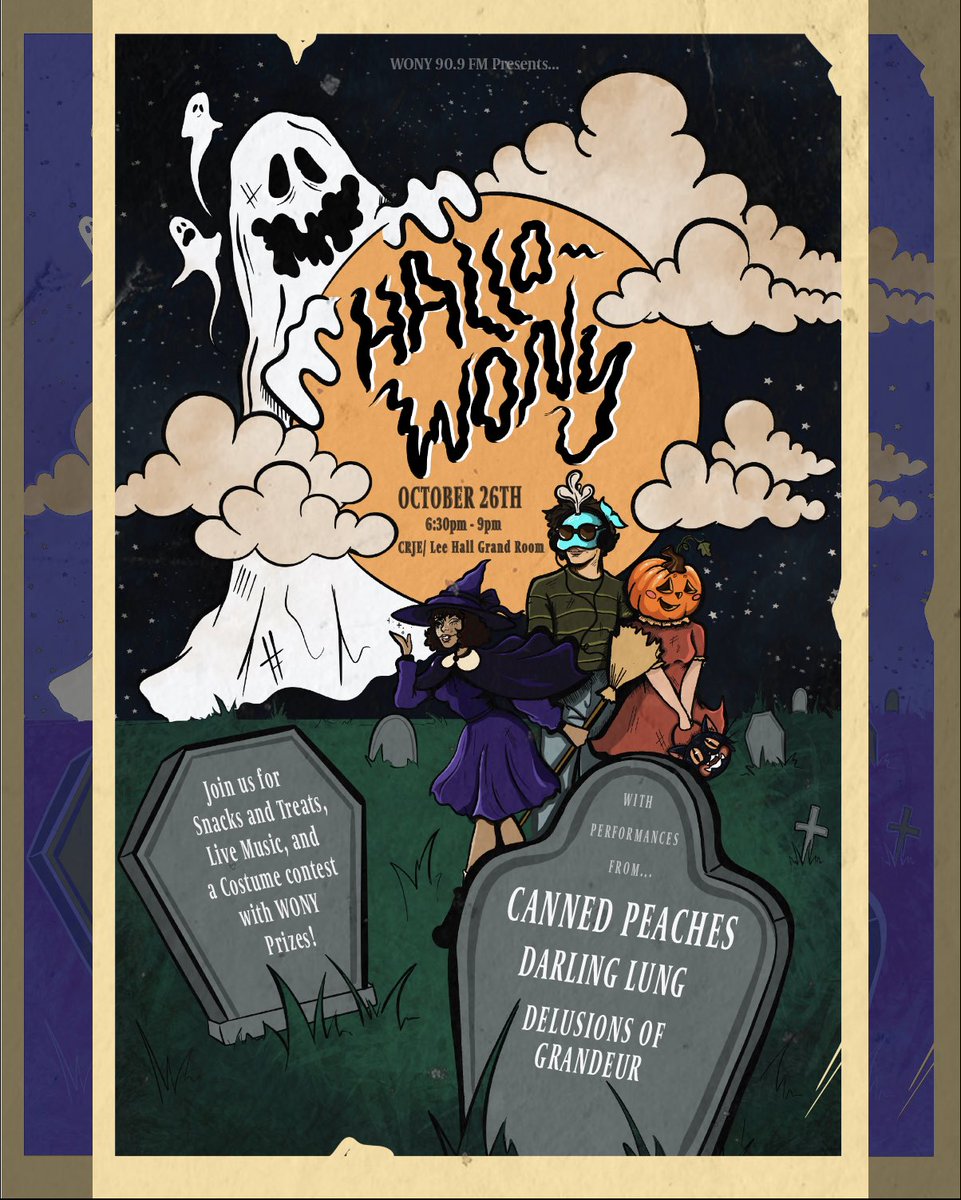 WONYFM's tweet photo. 🚨 UPDATE/REMINDER 🚨 
🎃 Hallo-WONY
 is this wednesday from 6:30pm - 9pm in
CRJE at Lee Hall! We'll have snacks, Live performances from @cannedpeachesny, @darlinglungg and now
@delusionsofgrandeurny !! B there or B 🟧 :^)
.
.
Poster by @/villa.artista on insta https://t.co/6wKxnXI6MO