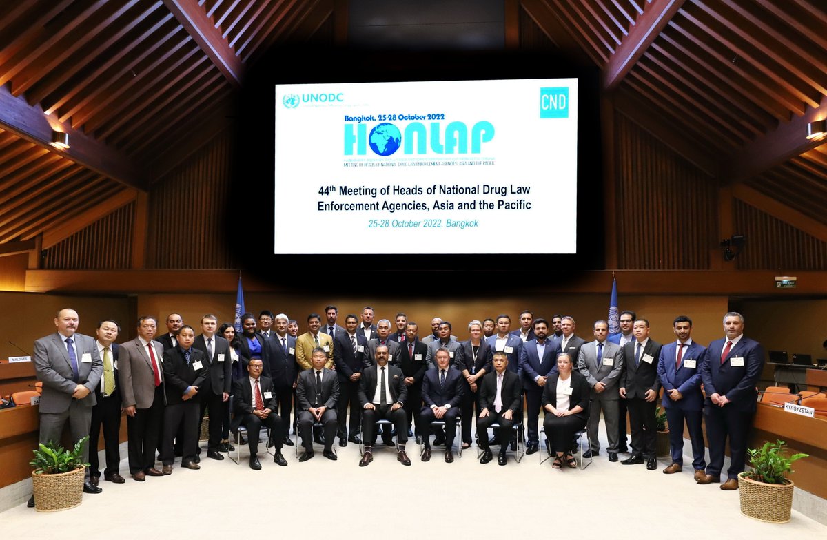 UNODC_CND's tweet photo. The 44th Meeting of HONLAP started today in Bangkok 🇹🇭 with over 150 delegates in attendance representing around 30 countries.

Participants are discussing regional drug trafficking trends, synthetic drugs handling &amp; disposal, alternatives to conviction &amp; punishment and more. https://t.co/10rmvu6PaR
