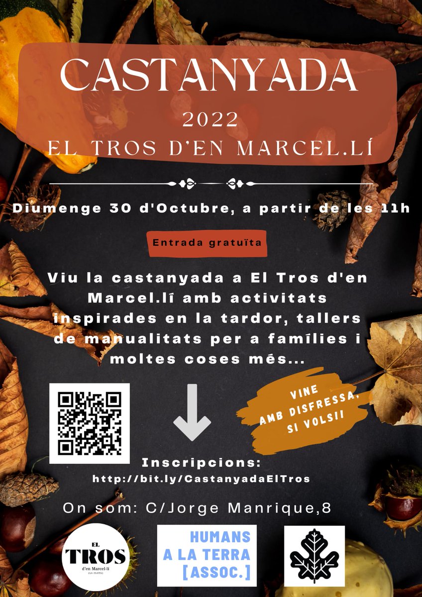 AnemAlTros's tweet photo. Vine a viure la castanyada a El Tros d’En Marcel·lí amb activitats inspirades en la tardor, tallers de manualitats per a fam��lies i moltes coses més. https://t.co/Cn0xKT800f